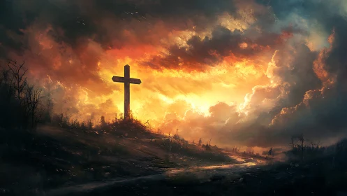 Solitary hilltop cross under intense burning sky at dusk.