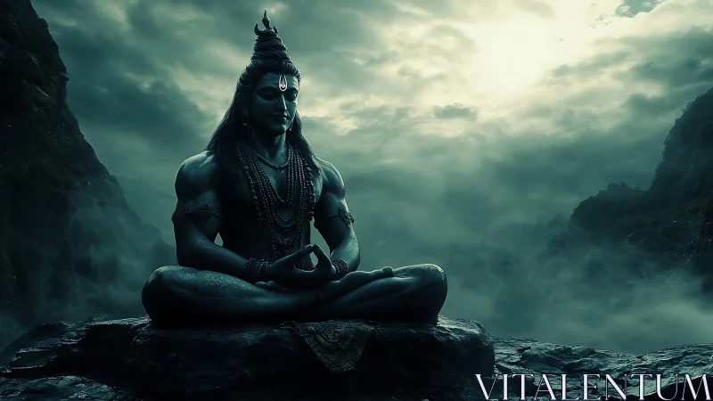 Meditating deity statue in misty mountain landscape at dawn.