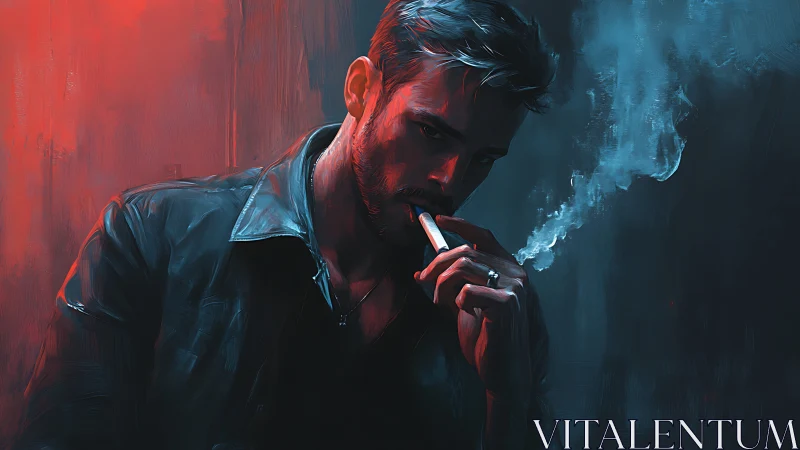 Noir portrait of smoking man in red-blue rim lighting study
