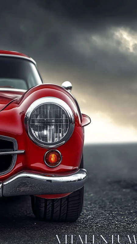 Red classic sports car gleams against a stormy roadside sky