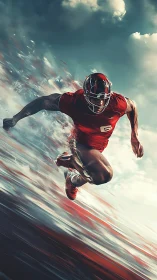 Gridiron runner in motion within abstract speed field.