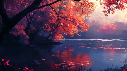 Crimson treetops ignite a tranquil riverside dreamscape at dusk.