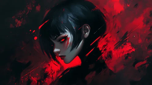 Crimson shadows swirl around a fierce, thoughtful warrior