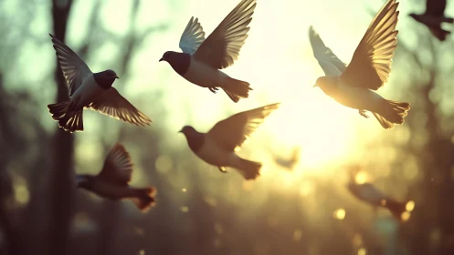 Flock of doves in flight at sunrise, soft bokeh nature scene.