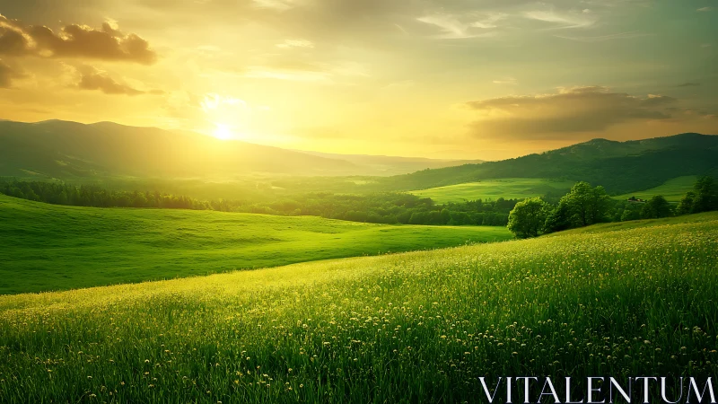 Sunlit rolling meadows under glowing golden horizon sky.
