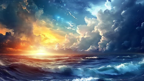 Digital seascape renders turbulent ocean under dramatic sky