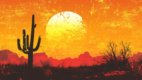 Fiery desert sunset silhouettes bold cactus and stark brushland
