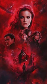 Digital painting ensemble portrait in crimson-toned poster design.