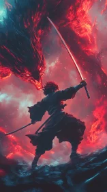 Lone swordsman facing a blazing spirit wolf in storming sky.