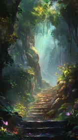 Bioluminescent Canyon: Atmospheric Perspective Through Verdant Gorge.