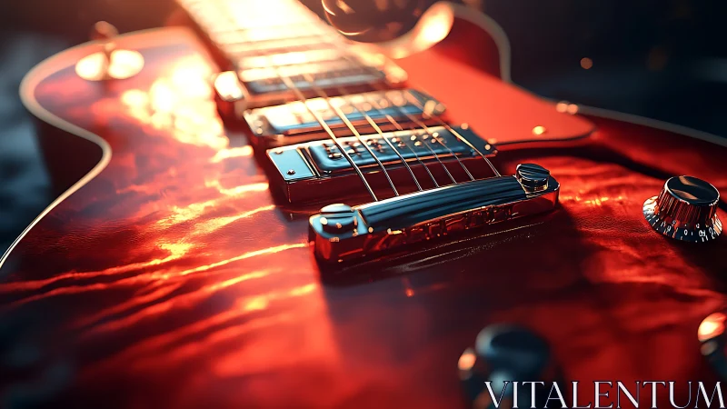 Molten cherry electric guitar basking in sunset glow.