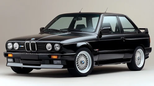 Black BMW E30 sports coupe in controlled studio lighting.