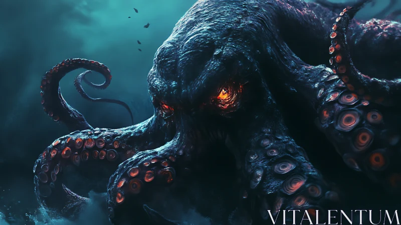 Leviathan octopus emerging with fiery eyes from abyssal dark.