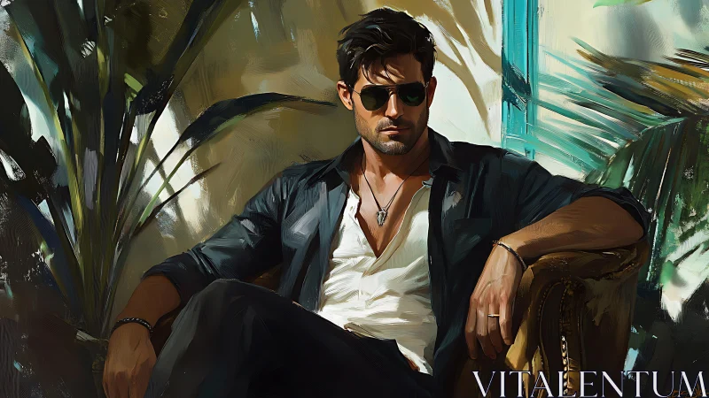 Sunlit lounge scene shows a relaxed man in confident style