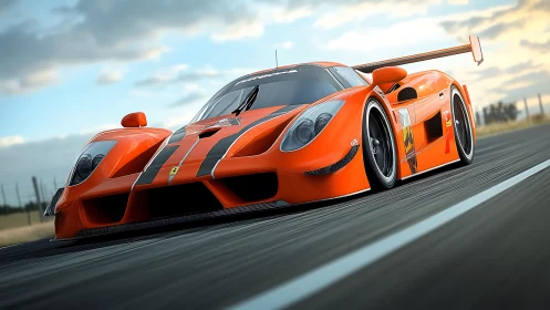 Orange GT race car speeds along track at golden hour light.
