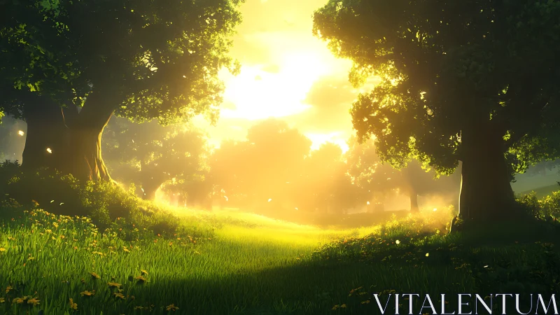 Sunlit forest meadow welcomes a gentle golden morning glow