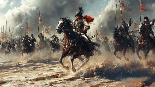 Mounted cavalry formation advances across smoky battlefield