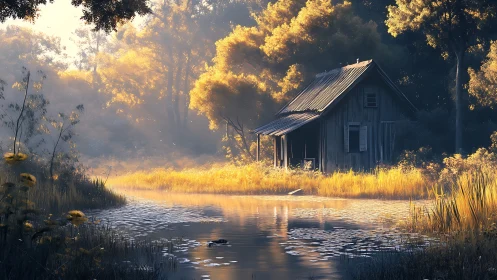 Old wooden shack stands beside calm pond at sunrise