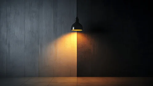 Hanging lamp casts warm light across dark split wall.