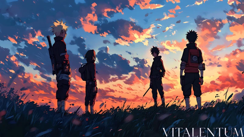 Four anime warriors standing under vivid sunset sky.