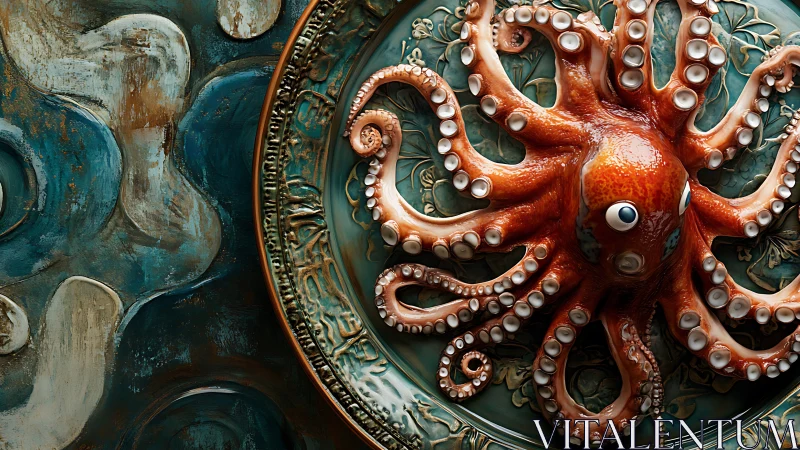 Photoreal octopus sculpture on ornate teal ceramic roundel