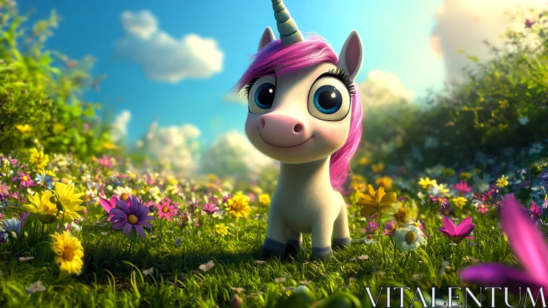 Bright-eyed baby unicorn enjoys a sunny flower meadow