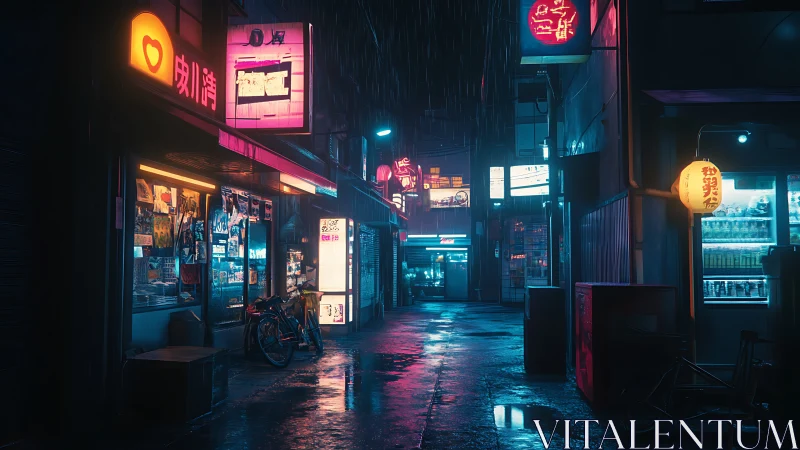 Rain-soaked neon alleyway shows illuminated urban storefronts