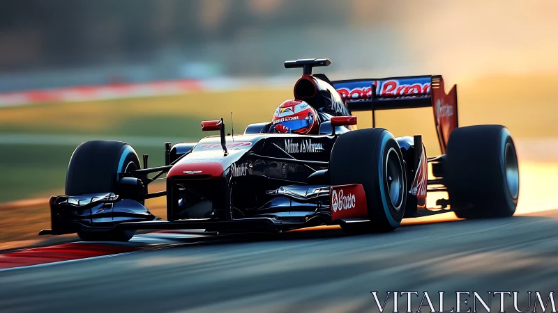 Single-seat formula race car on track at sunset period.