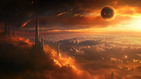 Sunlit cloud kingdom welcomes distant world in glowing sky