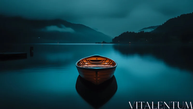 Isolated wooden rowboat illuminated on calm nocturnal mountain lake