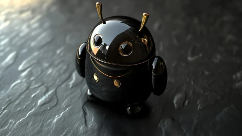 3D glossy robot mascot on textured slate surface rendering.