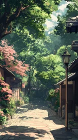 Tree-lined stone lane between traditional wooden houses.