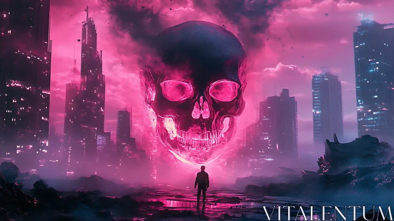 Giant neon skull looms over lone figure in dystopian city