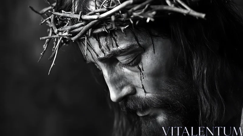 Crown of thorns on bearded male profile in grayscale closeup.