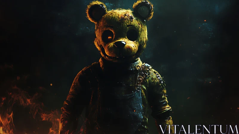 Mysterious teddy figure glowing in a dark, fiery night.