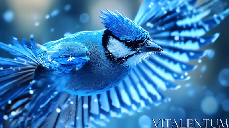Vibrant Blue Jay in Flight with Artistic Blue Tones and Detail.