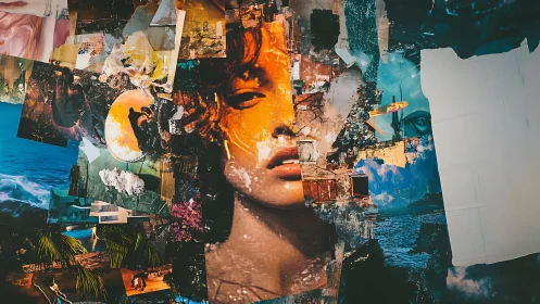 Surreal portrait collage merges ocean fragments and urban decay.