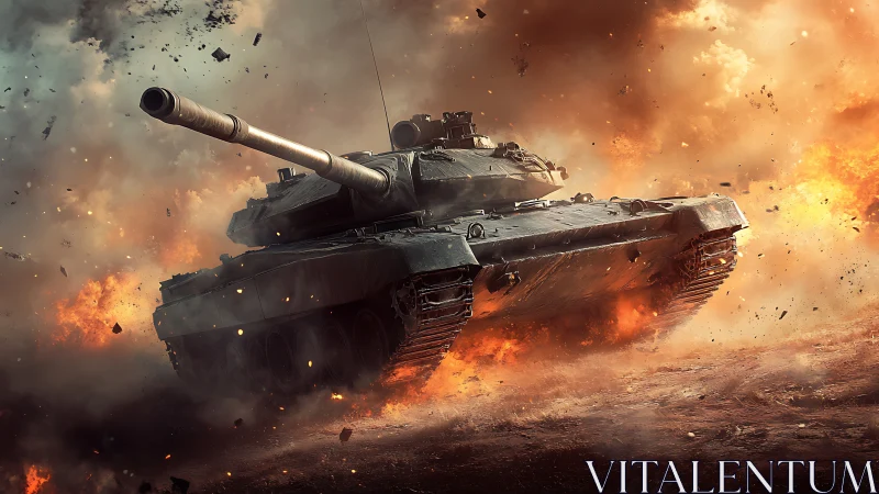 Photorealistic battle tank in dynamic explosive combat scene.