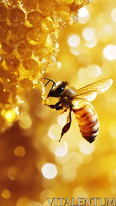Honeybee contacts illuminated honeycomb under shallow focus