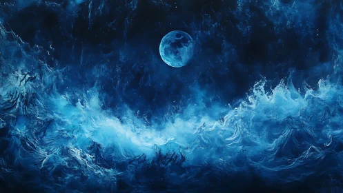Blue full moon illuminates turbulent cosmic ocean waves