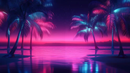 Neon Tropics Twilight: Synthwave Beach Landscape.