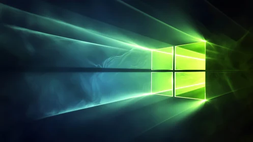 Windows logo glows with neon light beams on dark background