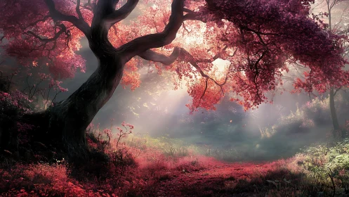 Luminescent cherry grove with arcing canopy and soft depth field.