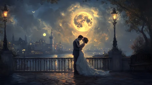 Moonlit Romance: Lovers Kiss Beneath Giant Golden Orb.