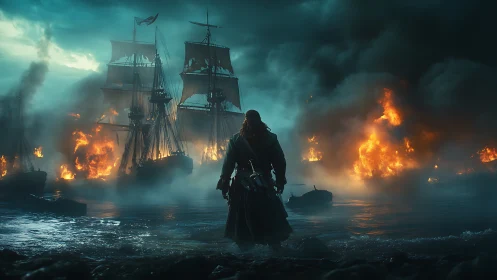 Lone pirate surveys burning warships under a storm-torn sky