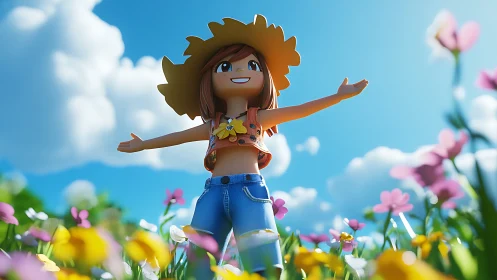Stylized 3D girl in sunlit flower meadow using low-angle view