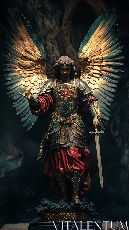 Armored winged warrior statue holding sword in dim light.