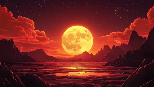 Crimson alien seascape under colossal molten moon glow.