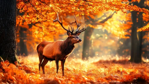 Crowned stag in molten autumn light, forest throne aglow.