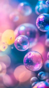 Glistening rainbow bubbles drifting through soft dreamy light.